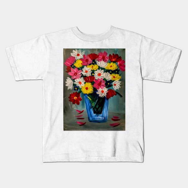 Some abstract mixed flowers in a metallic vase Kids T-Shirt by kkartwork